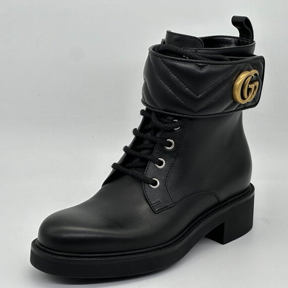 Gucci GG Logo Metalasse Leather Strap Combat Lace Up Ankle Bootie Boots - Picture 6 of 16